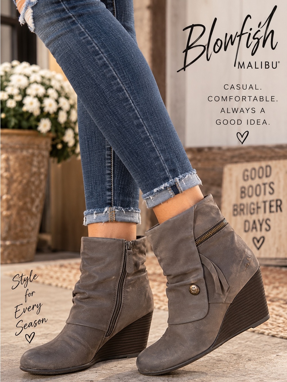 Blowfish Malibu Gray Slouchy Wedge Ankle Boots Size 9 Zip Detail